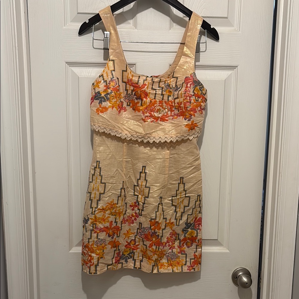 Free People Cream Mini Dress with Orange & Yellow Floral Embroidery